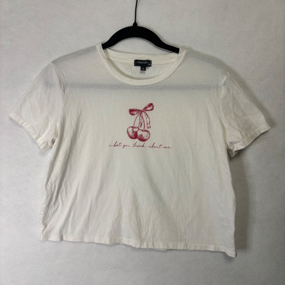 Originality White Cherry Graphic Crop Top I Bet You Think About Me Size L